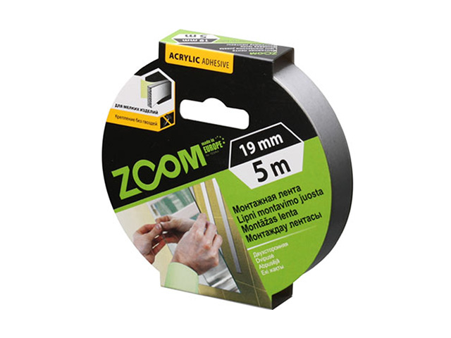 Лента двухсторонняя монтажная клейкая  ZOOM (пеновая) 19ммх5м