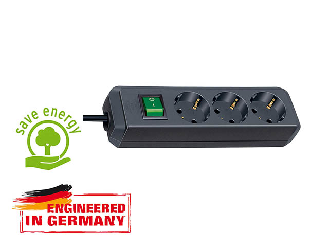 Удлинитель 5м (3 роз., 3.3кВт, с/з, выкл., ПВС) черный Brennenstuhl Eco-Line